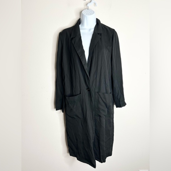 Aritzia Wilfred Free Long Blazer Trench Coat Jacket Lightweight Black Satin S - Picture 12 of 13